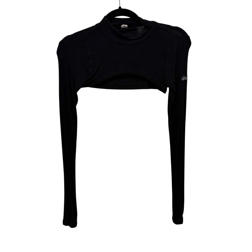 Alo Yoga Ribbed Long Sleeve Shrug Mock Neck Ultra Crop Top Black XS/S